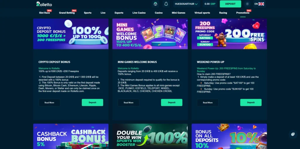 Rolletto casino bonuses.