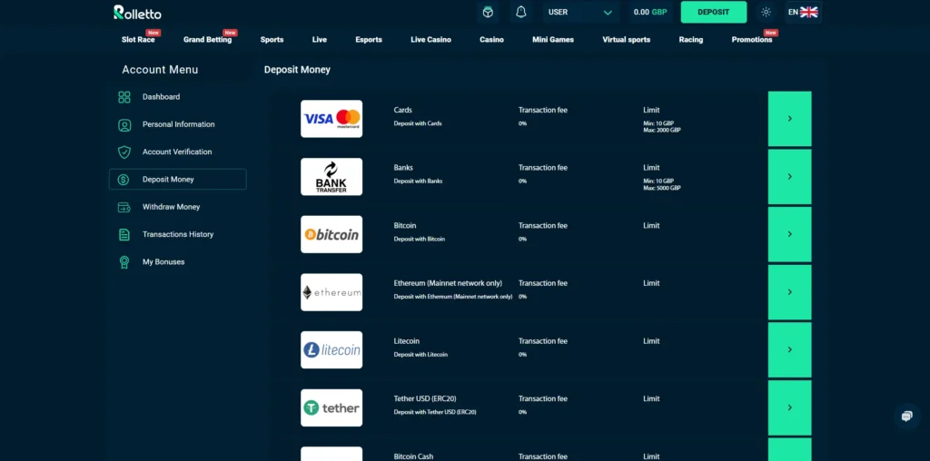 Rolletto deposit methods.