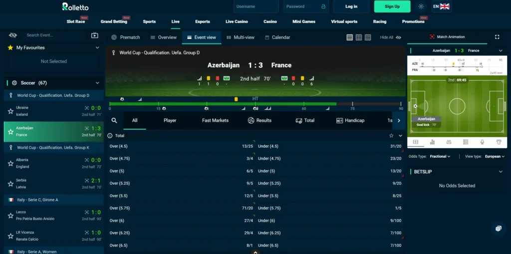 Live betting in Rolletto.