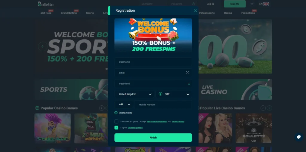 Registration process on Rolletto.
